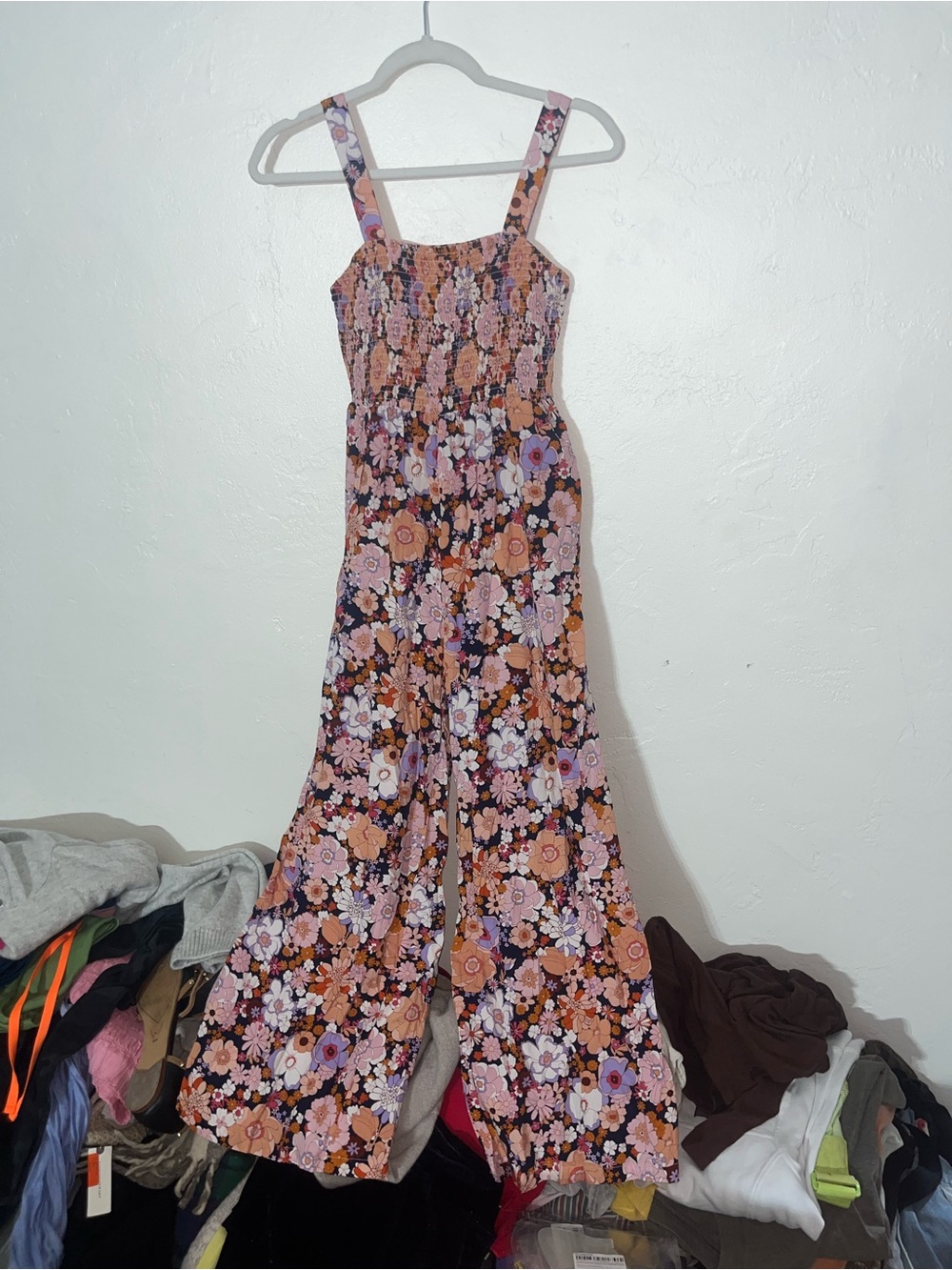 Floral Smocked Bust Wide-Leg Romper Jumpsuit Pink Orange Women’s Small Viscose